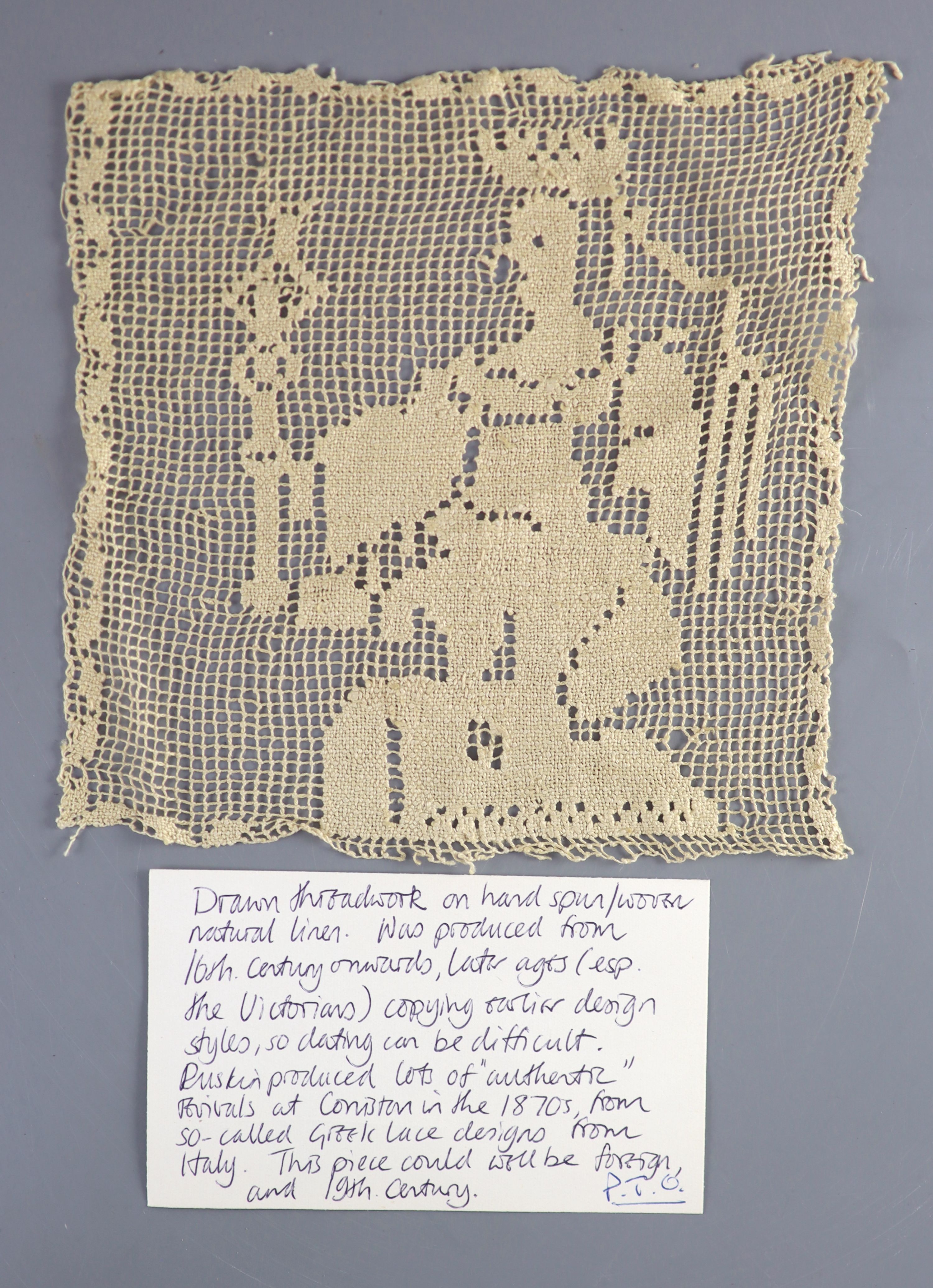 A fine white worked embroidered lace inset coverlet, a filet lace square of a figure wearing a crown (plus museum note),